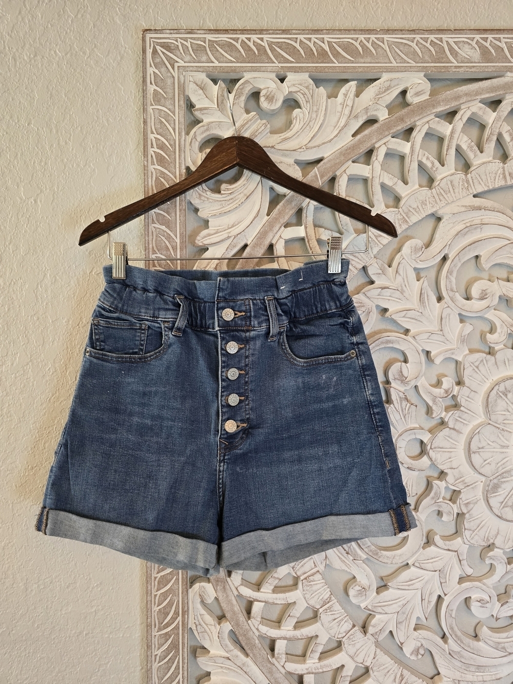 Express Shortie Super High Rise Women's S Denim Jean Shorts Button Fly Paperbag